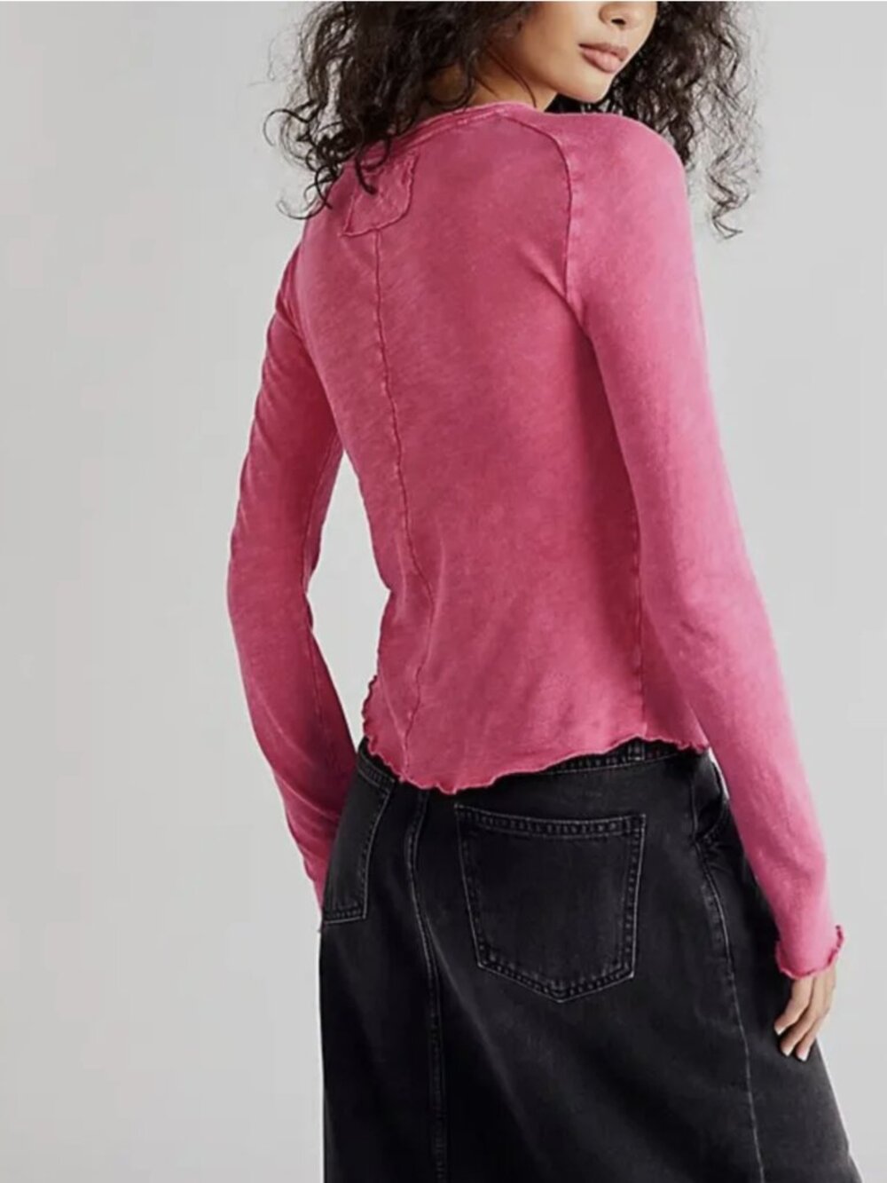 Free People Pink Phenom Long Sleeve Lettuce Hem Be My Baby Cotton Tee - Picture 3 of 3
